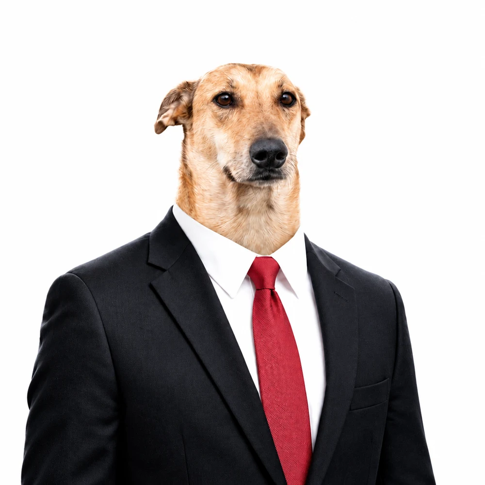A Gent — a golden-brown dog in a black suit, white shirt and red tie
